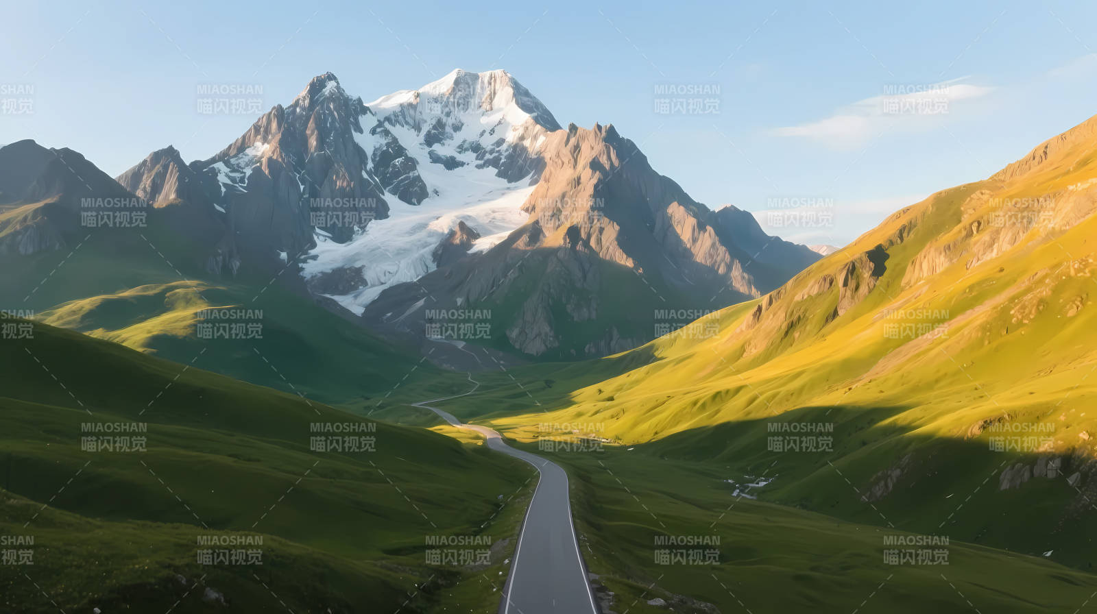 雪山绿谷 蜿蜒公路穿其间图片