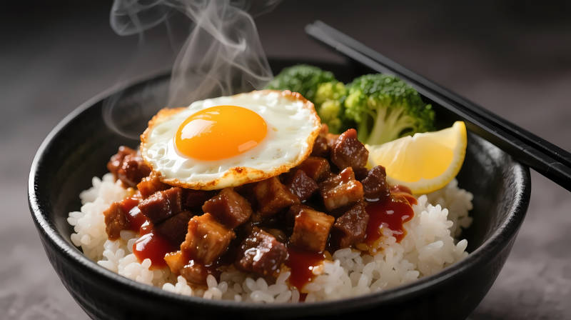 卤肉饭配煎蛋西兰花图片