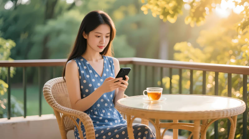 午后阳台 她静享茶香与手机时光图片