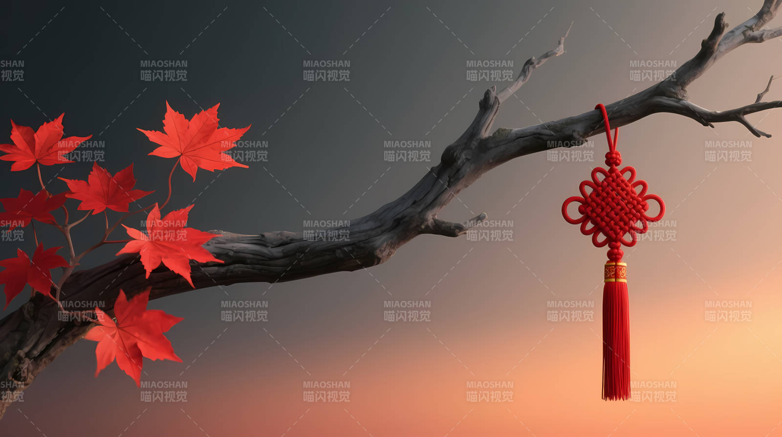 秋枝红枫挂中国结图片