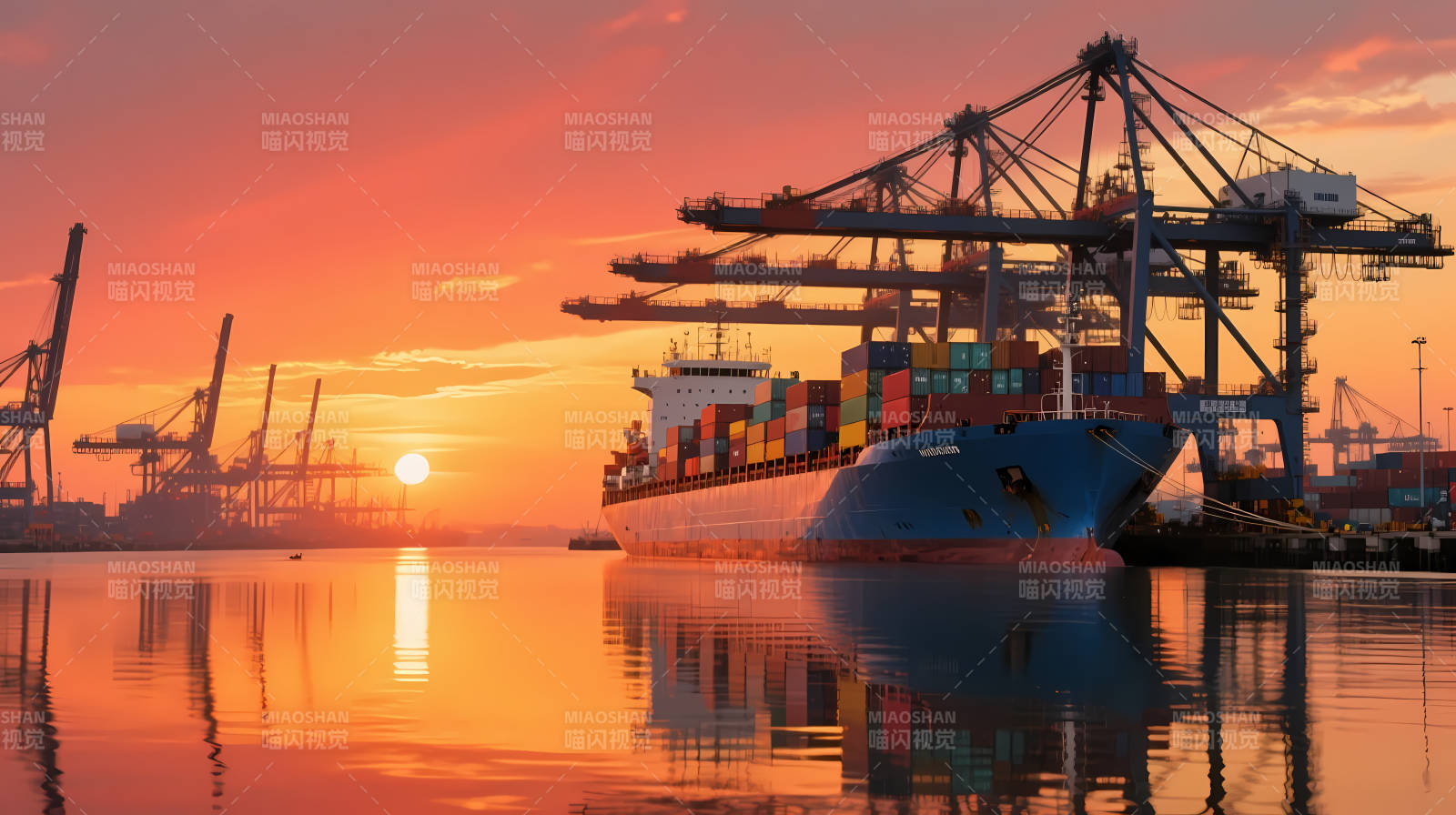 夕阳下的集装箱码头图片