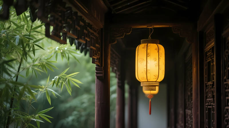 古廊竹影 暖灯静悬图片