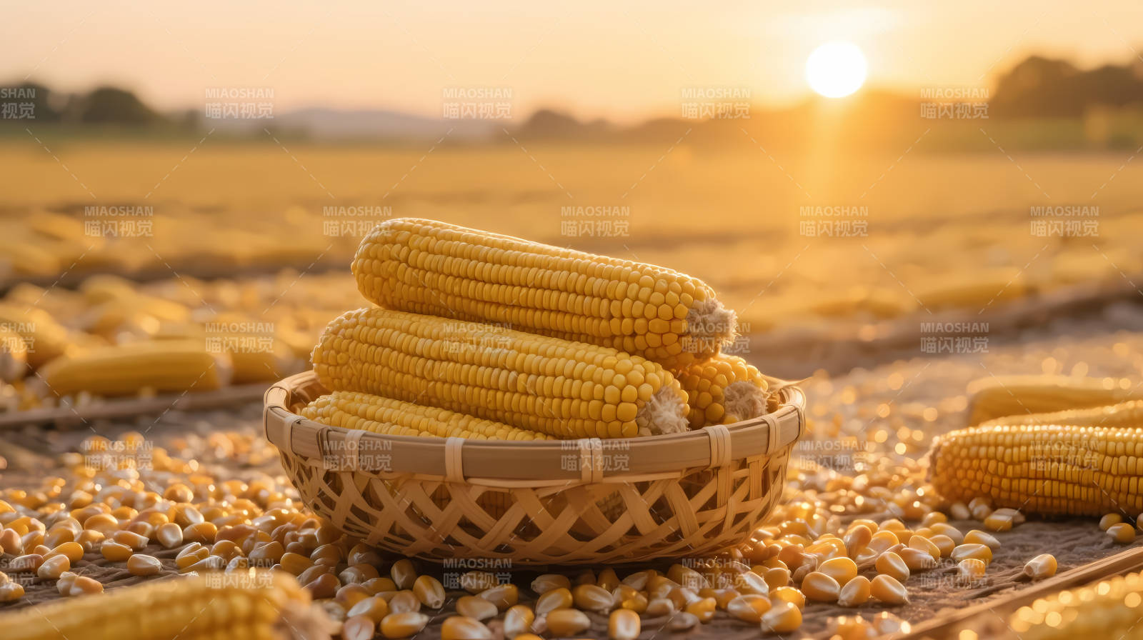 夕阳下的玉米丰收景图片