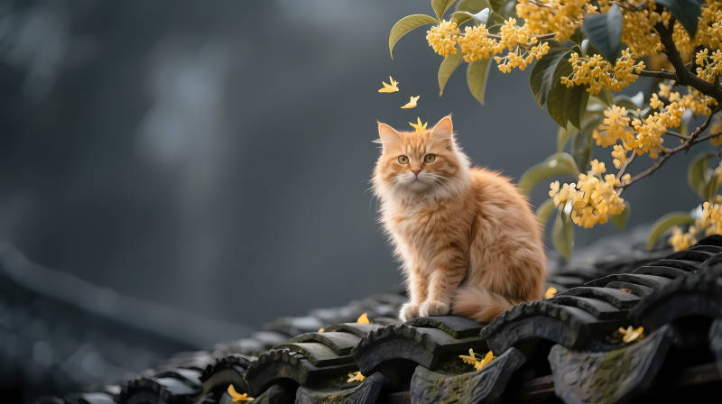 橘猫坐瓦上 桂花落肩头图片