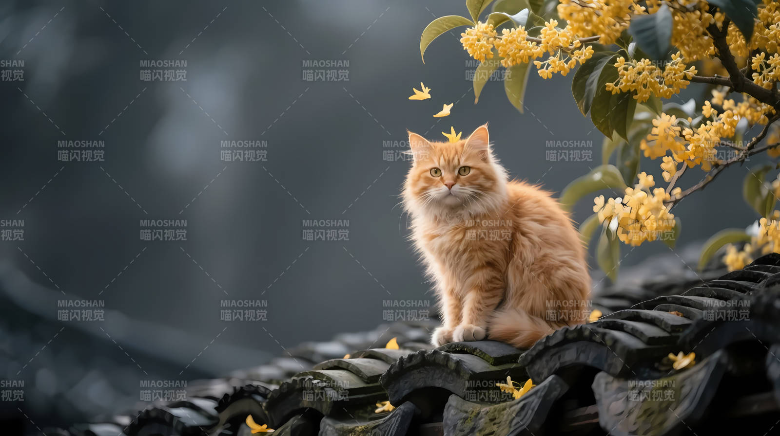 橘猫坐瓦上 桂花落肩头图片