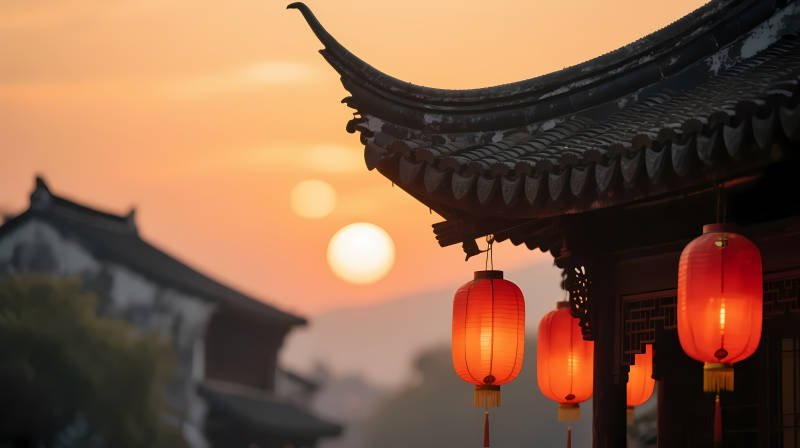 古檐红灯映夕阳图片