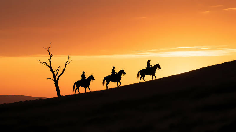 夕阳下三骑 silhouette 行图片