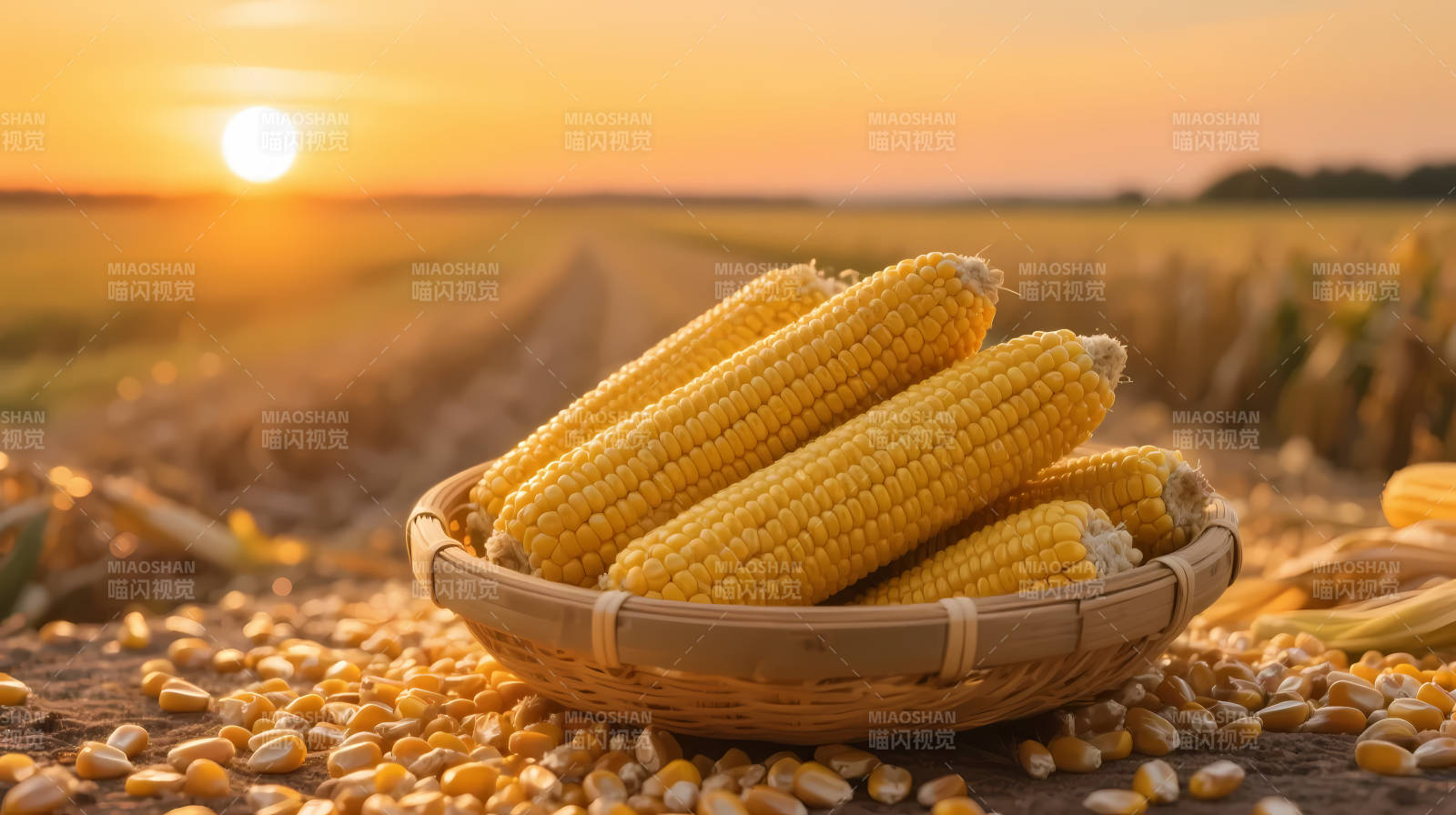 夕阳下的玉米丰收景图片