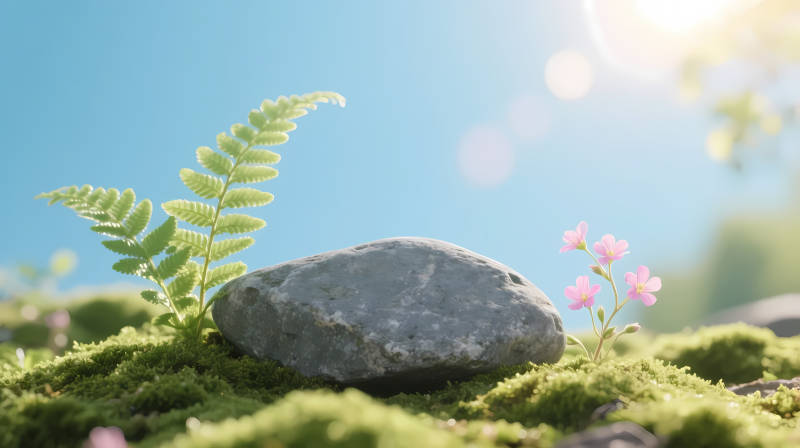 苔石伴花 晨光温柔图片