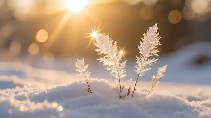 雪晨霜花映暖阳图片