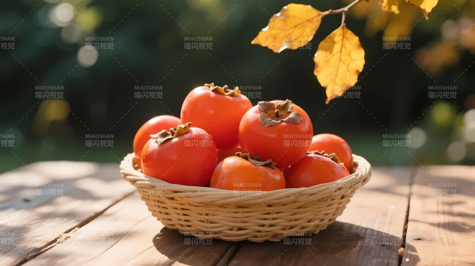 秋日柿篮 金黄叶伴红果香图片