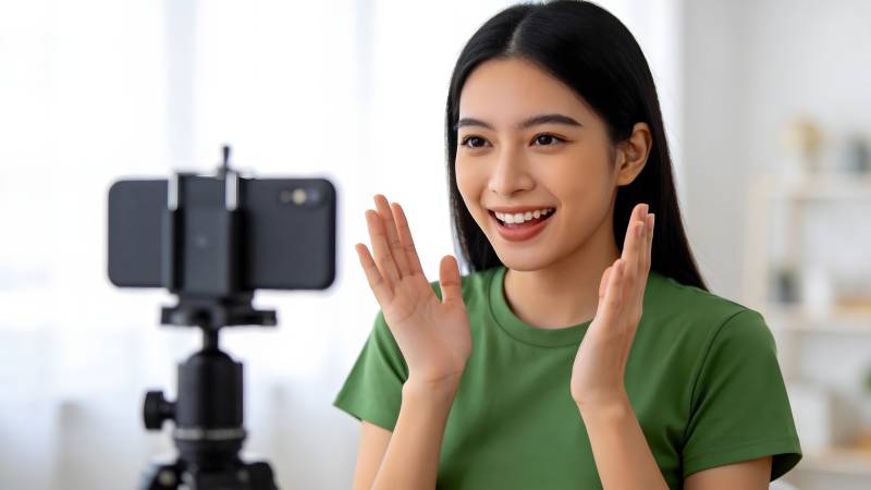 直播中的女孩挥手微笑图片