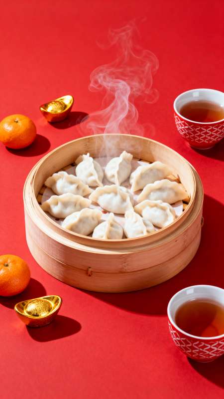 红底蒸饺迎新春图片
