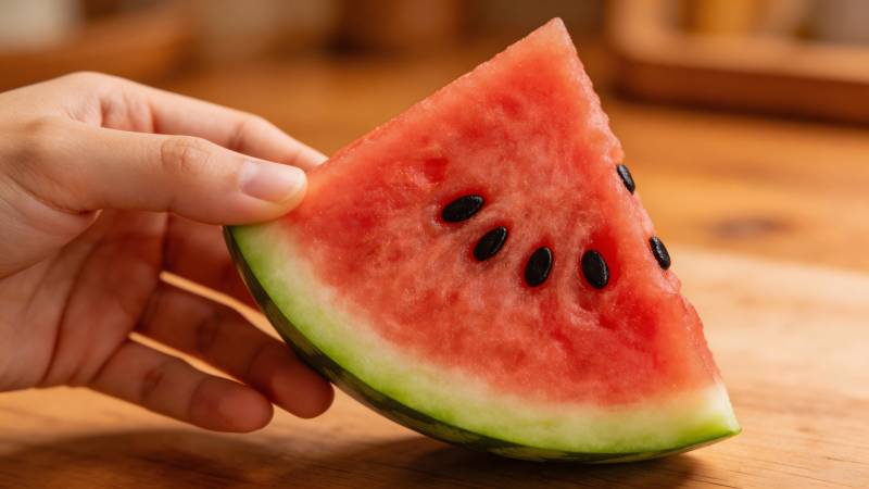 手握西瓜 slice 鲜红多汁诱人图片