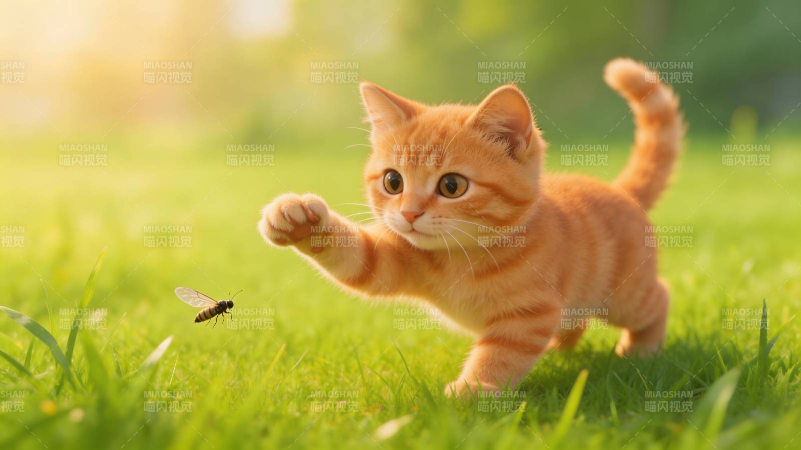 小猫扑蝶 阳光草地萌态足图片