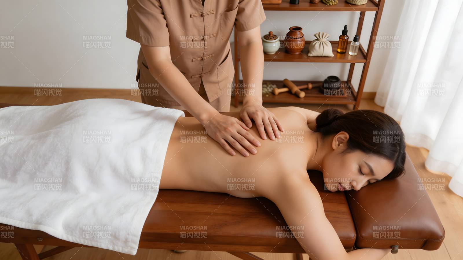 女子享受背部按摩放松图片
