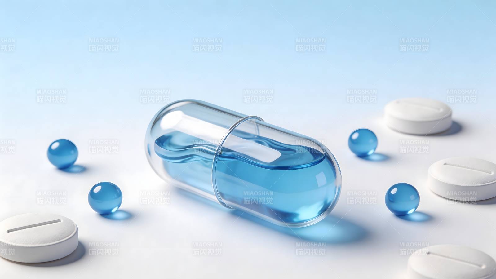 蓝色胶囊与药片静物图图片