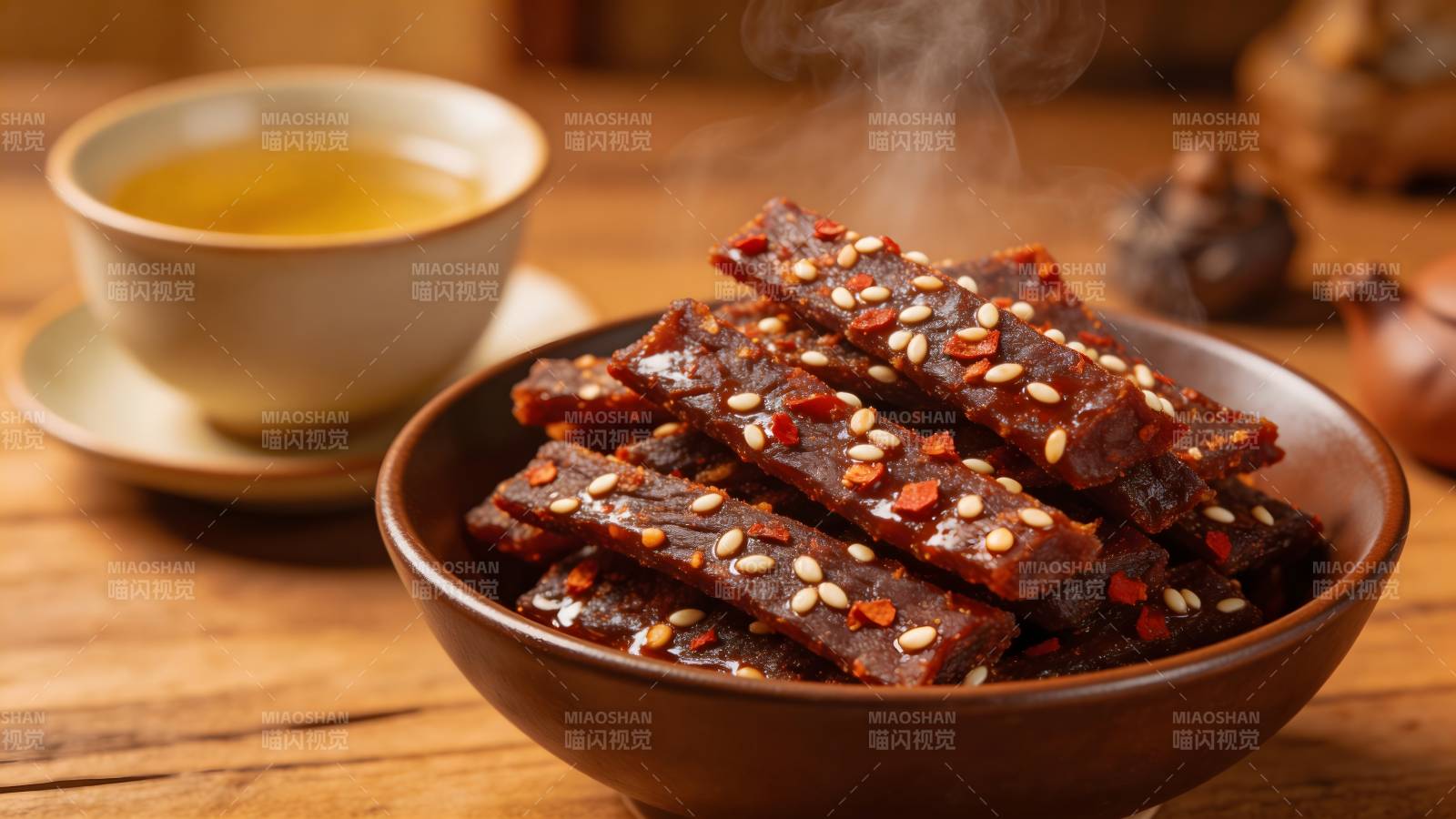 香辣肉干配热茶图片