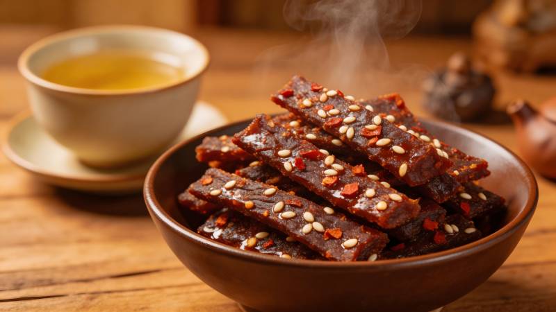 香辣肉干配热茶图片