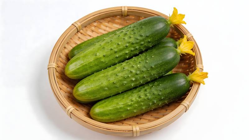 鲜黄瓜配黄花 竹篮盛放图片