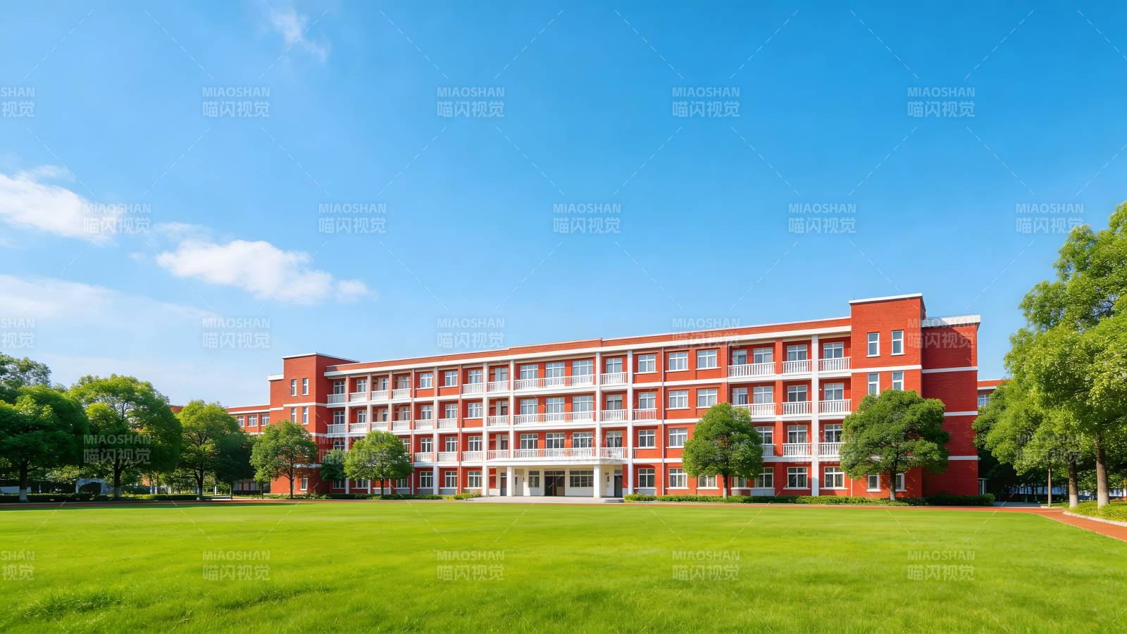 红砖教学楼映蓝天绿茵场图片