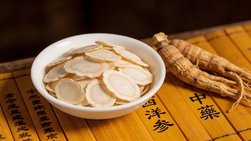 中药西洋参切片与根茎图片