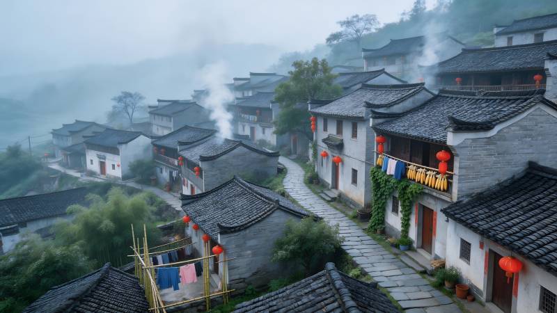 雾锁古村 炊烟袅袅红灯笼图片