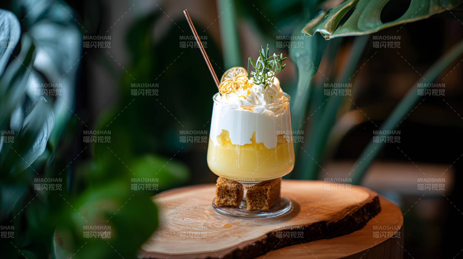 绿植环绕的奶油甜品杯图片