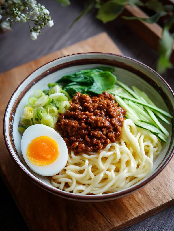 肉酱面配溏心蛋青菜黄瓜图片