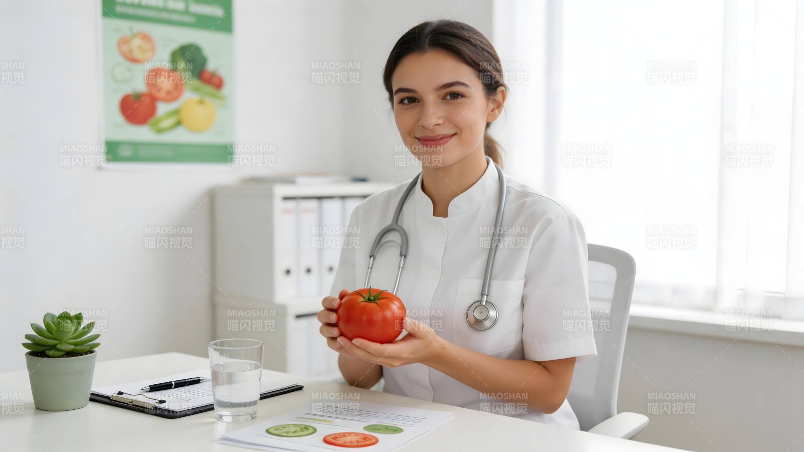 女医生持番茄倡健康饮食图片