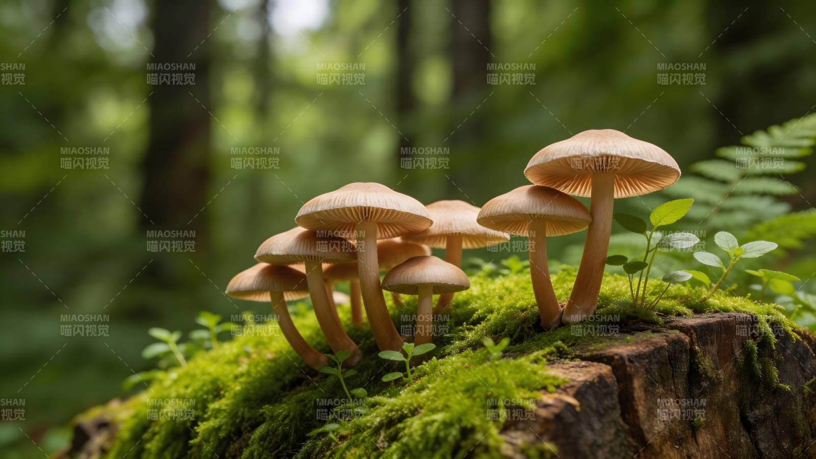林间苔藓上的小蘑菇群图片