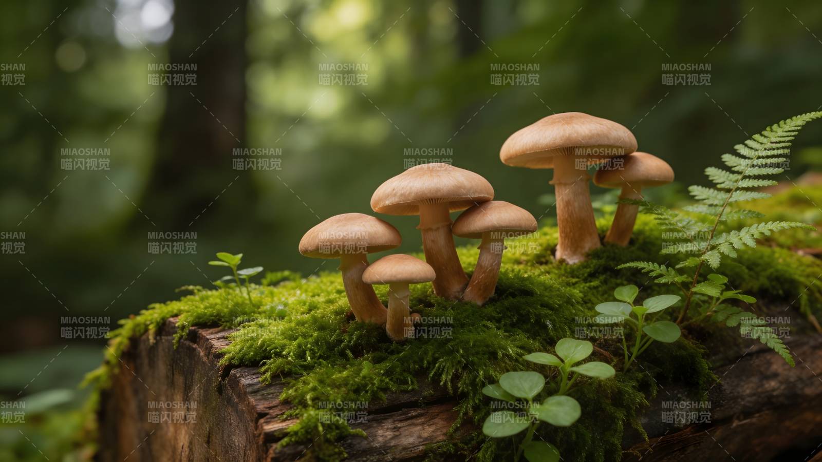 林间苔藓上的小蘑菇群图片