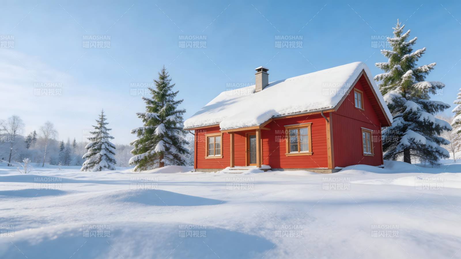 雪覆红屋 松林静美图片