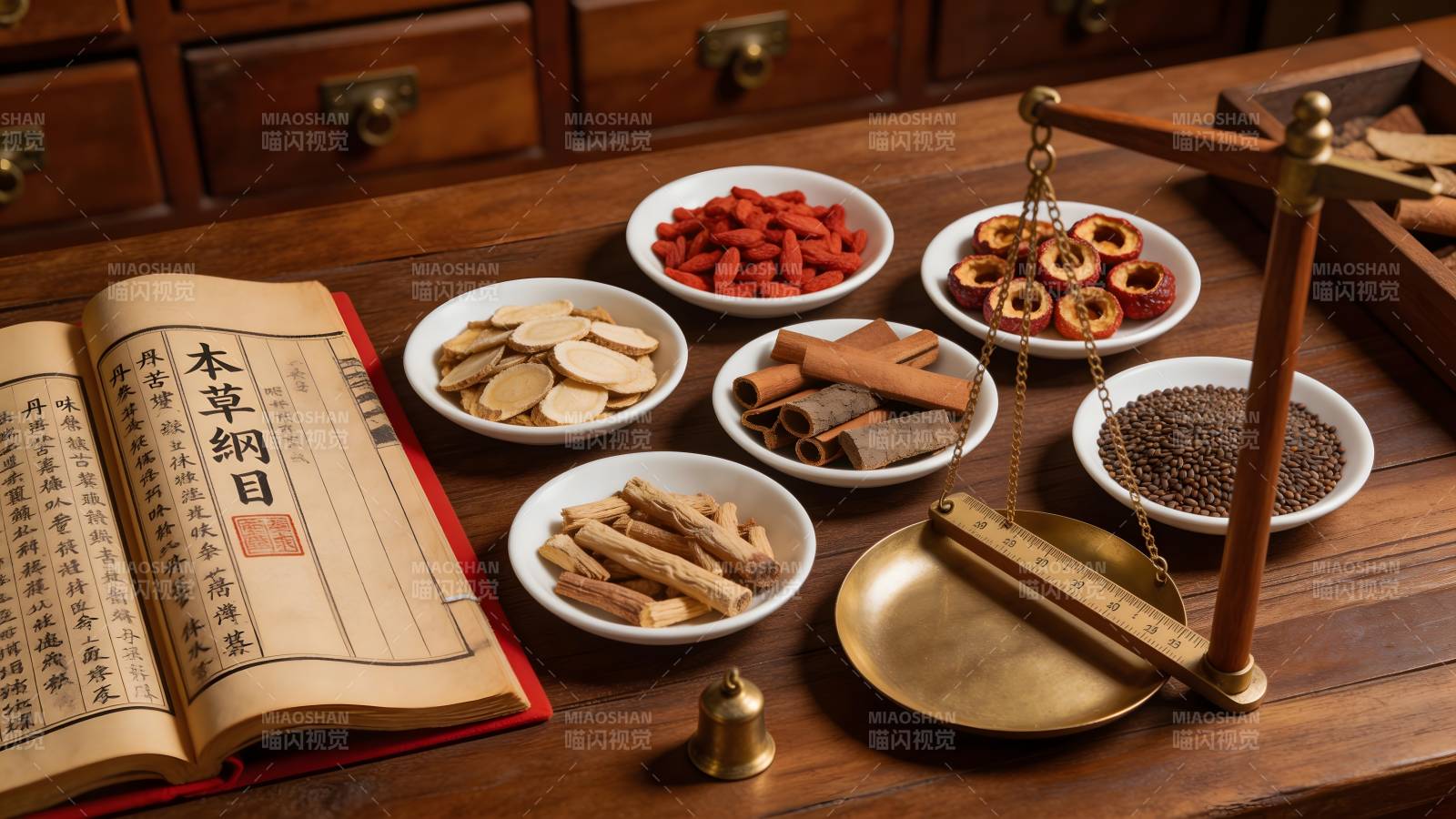 中药古籍与药材称量场景图片