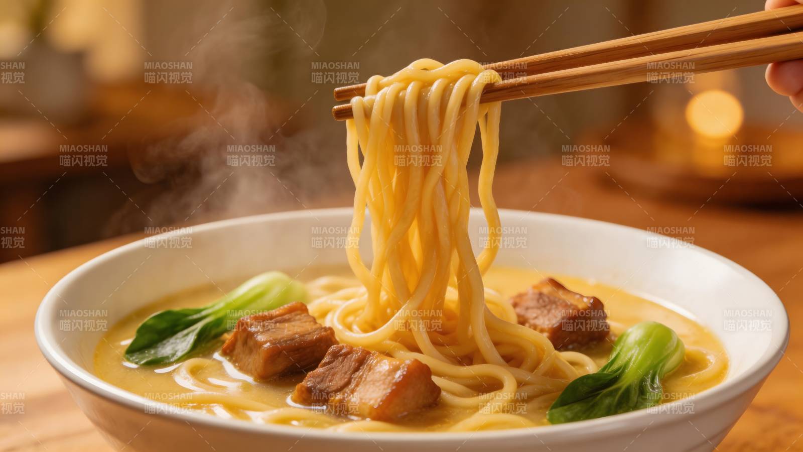 热汤面配肉菜 筷子夹起香图片