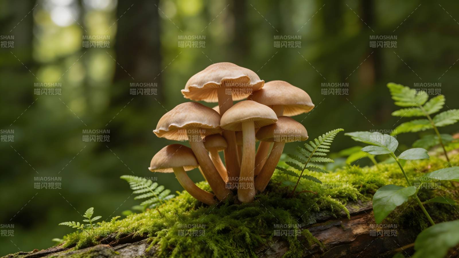 林间苔上簇生蘑菇图片