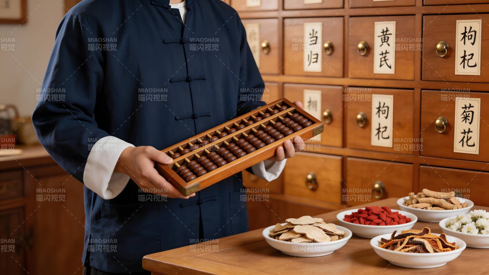 中医持算盘 药材满桌香图片