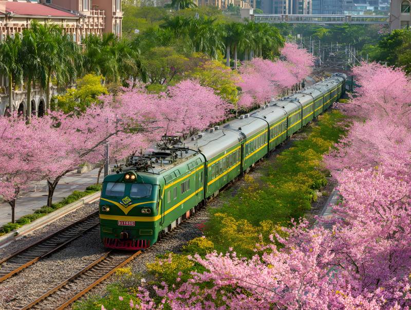 樱花列车穿行花海中图片
